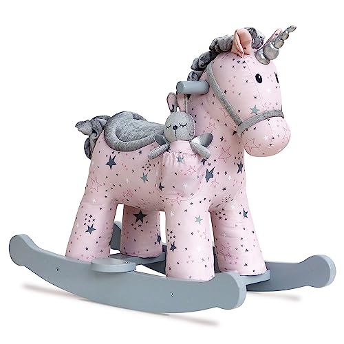 Unicorn Rocking Horse 9m+ & Soft Toy Ride On Baby Toy Sturdy Wooden Grey Rocker Frame Plush Pink...