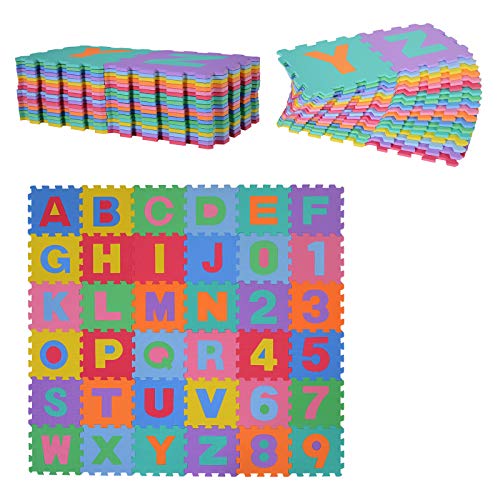 HOMCOM Tappeto Puzzle per Bambini 36 Pezzi, Numeri da 0 a 9 e 26 Lettere, Morbido e Antiscivolo