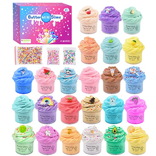 Confezione da 24 mini Fluffy slime kit, con decorazioni caramelle e frutta a forma di arcobaleno,...