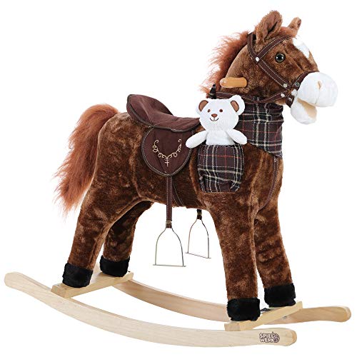 Deuba Cavallo di Peluche a Dondolo in Legno con Suoni Cintura di Sicurezza Giochi Infanzia Bambini