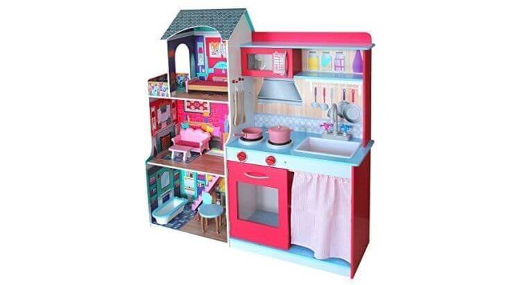 Migliori cucine per bambini (in plastica e legno): Cucina in Legno 2in1 + Casa delle Bambole con Mobili di Leomark